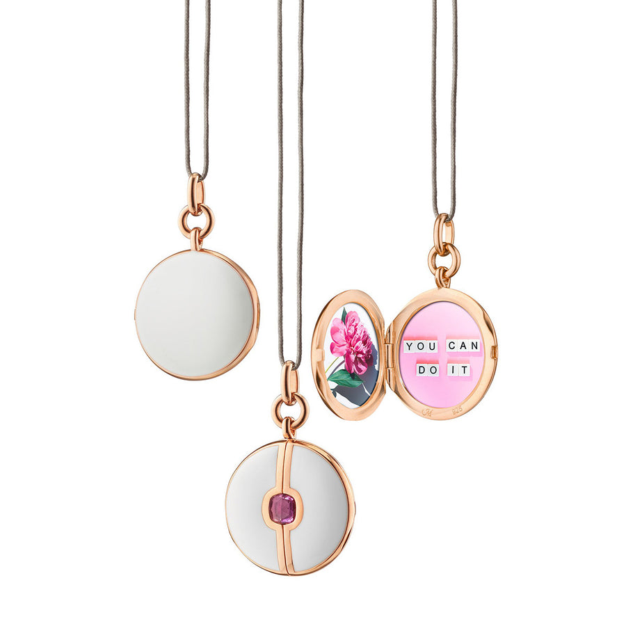 Pink Sapphire and White Enamel Vermeil Round Locket in 18K Rose Gold and Sterling Silver, Adjustable Chain