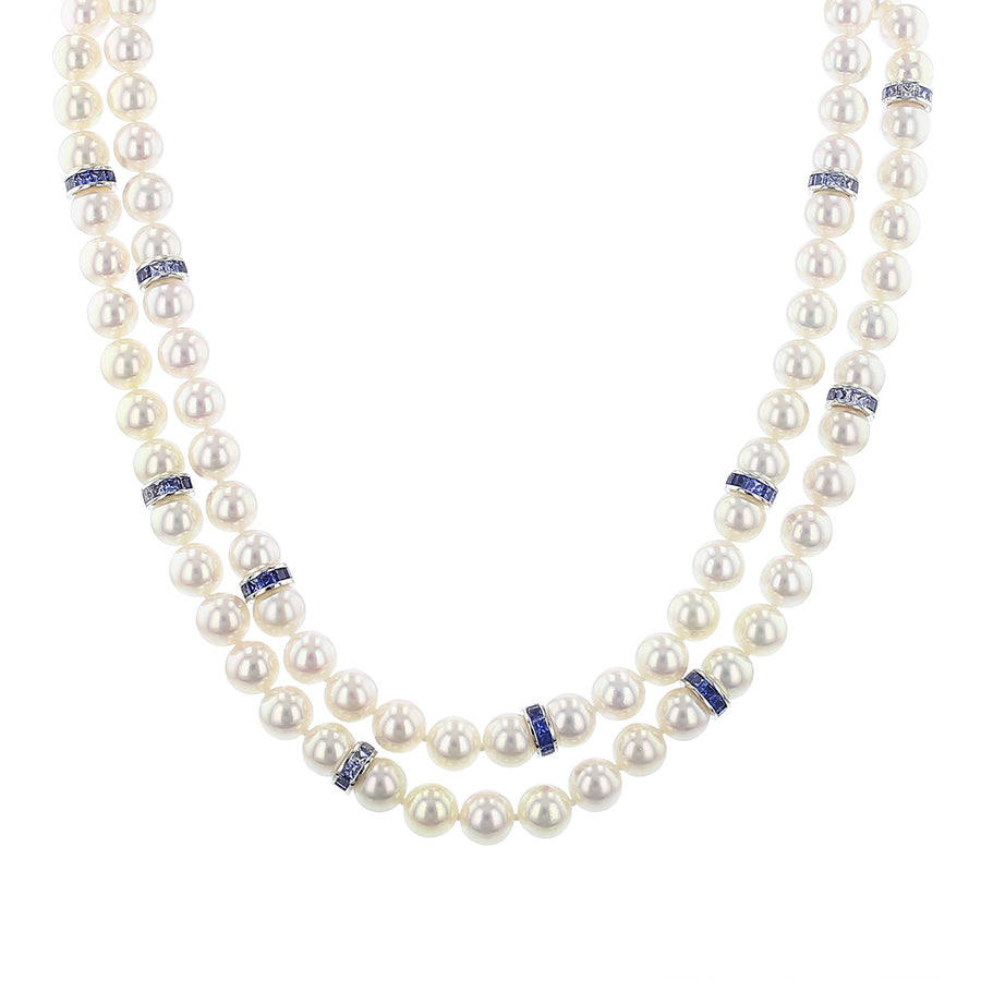 Akoya Cultured Pearl Double Strand Necklace with Sapphires