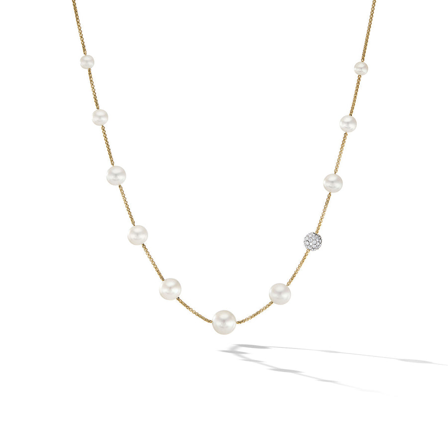 Pearl and Pave Station Necklace in 18K Yellow Gold with Diamonds