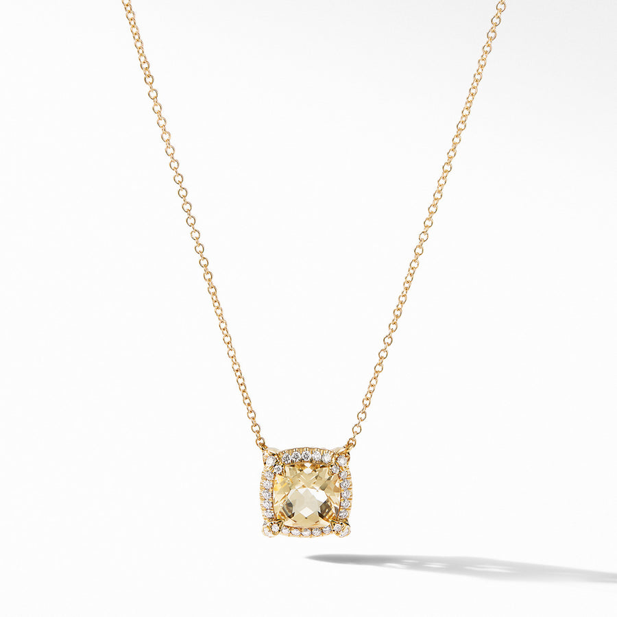 Petite Chatelaine Pave Bezel Pendant Necklace in 18K Yellow Gold with Champagne Citrine