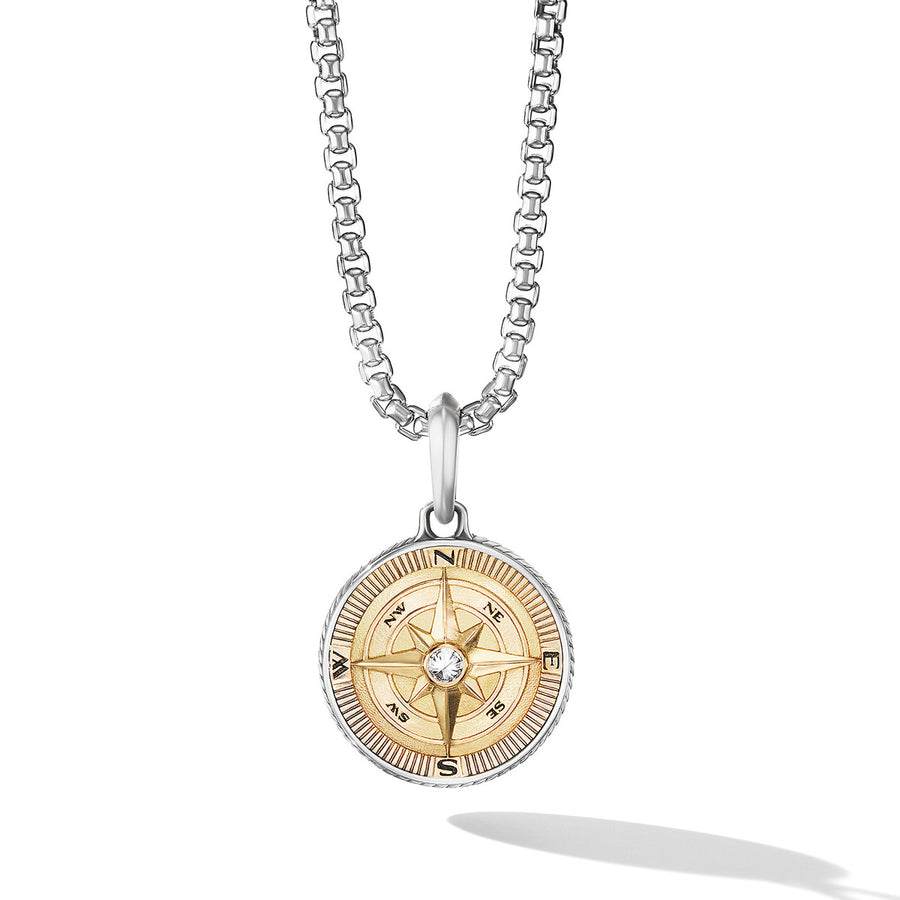 Maritime Compass Amulet in Sterling Silver with 18K Yellow Gold and Center Diamond