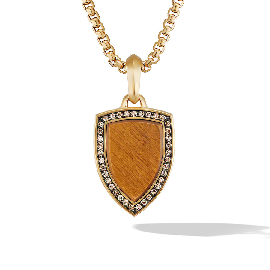 Shield Amulet in 18K Yellow Gold with Tiger's Eye and Pave Cognac Diamonds