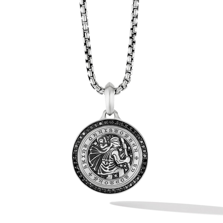 St. Christopher Amulet in Sterling Silver with Pave Black Diamonds