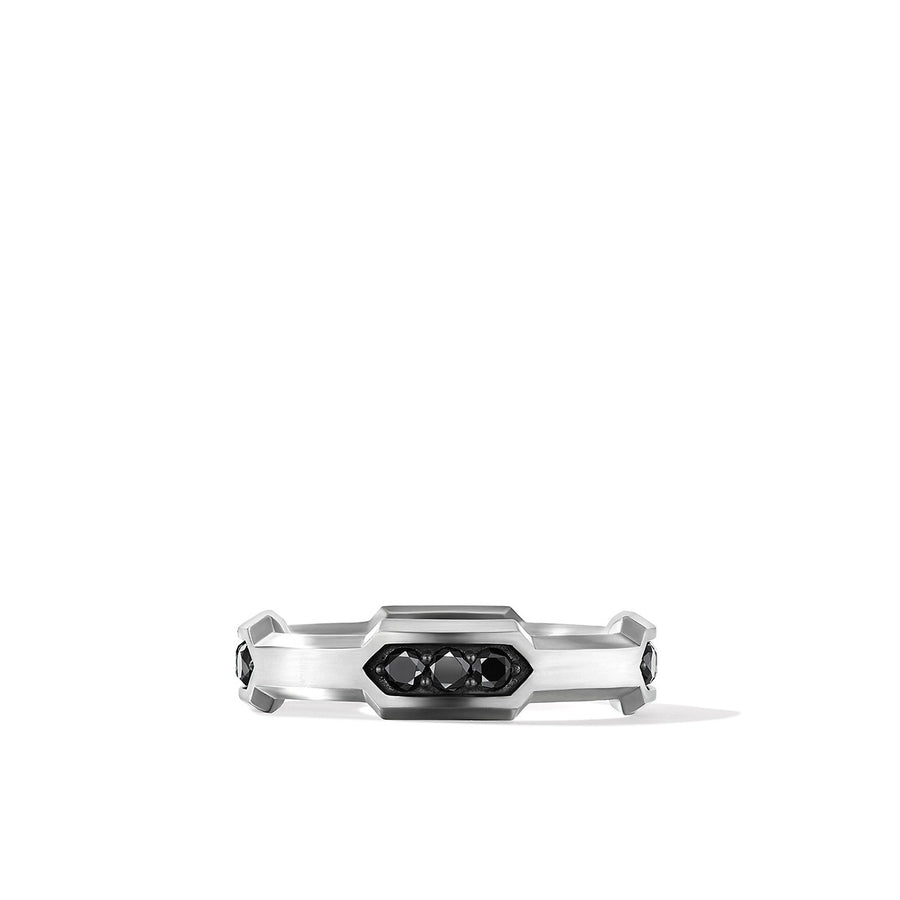 Hex Station Band Ring in Sterling Silver with Pave Black Diamonds