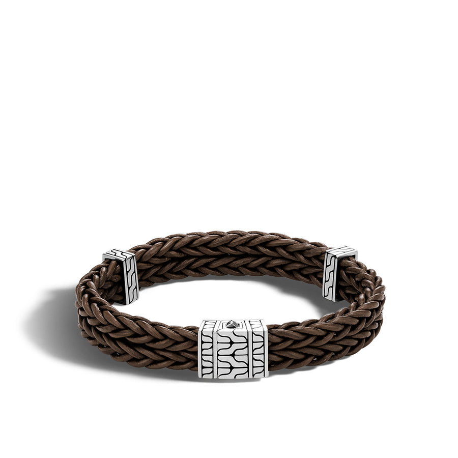 Classic Chain Silver Heritage Double Chain Bracelet on Brown Leather