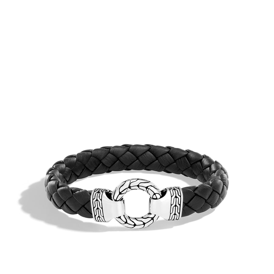 Classic Chain Silver Bracelet on Braided Black Leather