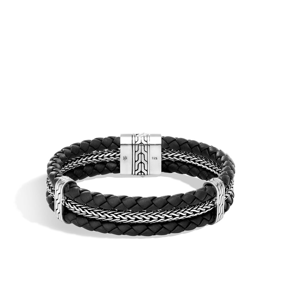 Classic Chain Silver Triple Row Bracelet on Black Leather