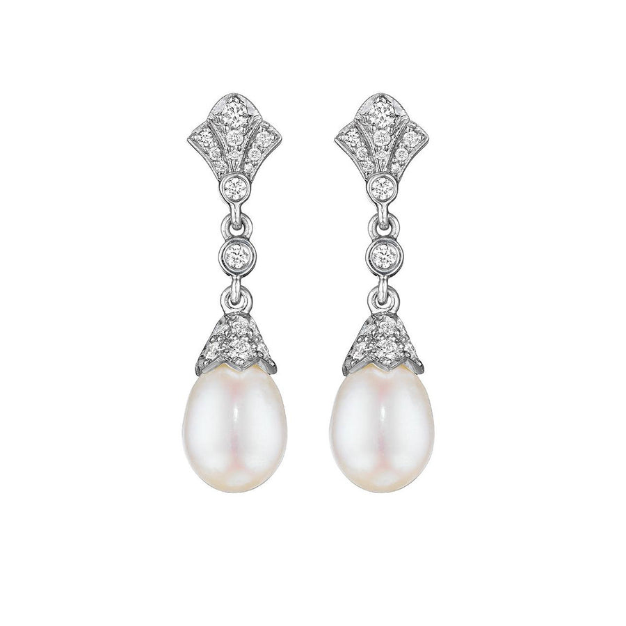 Pearl and Diamond Deco Drop Earrings in 18K White Gold