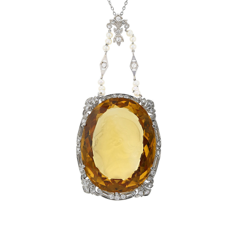 Platinum Intaglio Citrine Diamond Edwardian Pendant