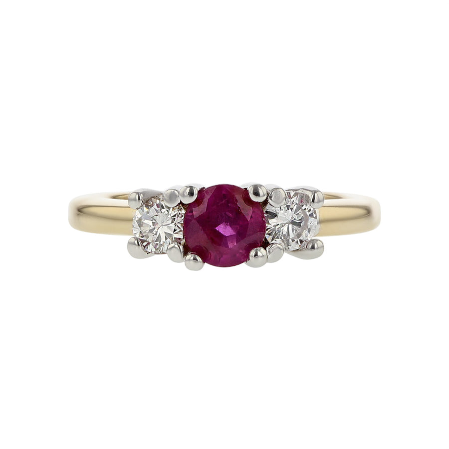 14K Yellow Gold Ruby and Diamond 3-Stone Ring