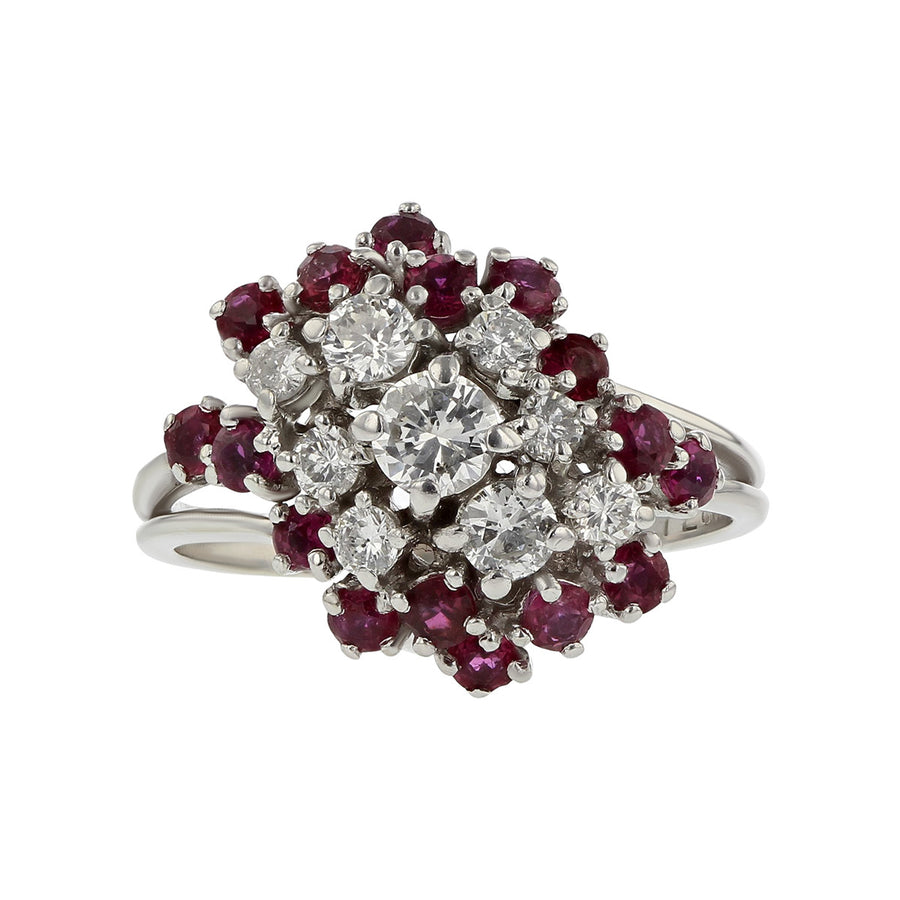 14K White Gold Ruby and Diamond Cluster Ring