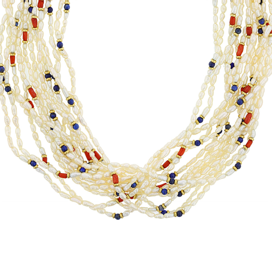 Seed Pearl, Lapis and Coral Twist Strand Necklace