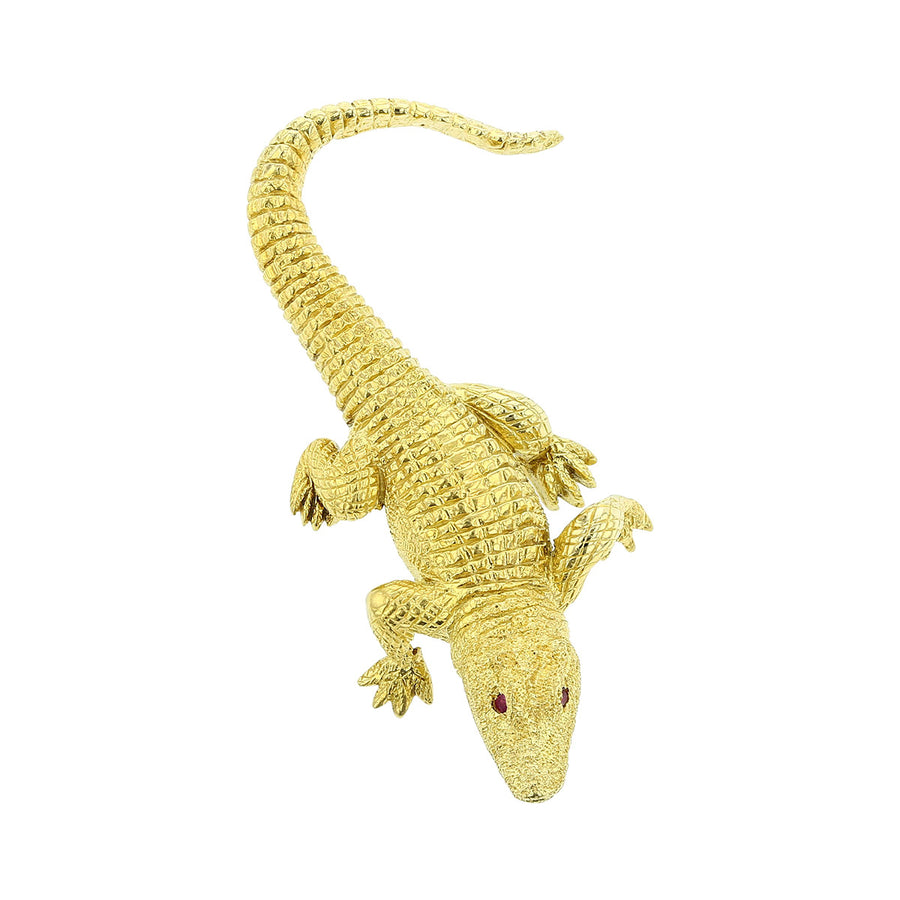 18K Yellow Gold Lizard Pin with Ruby Eyes