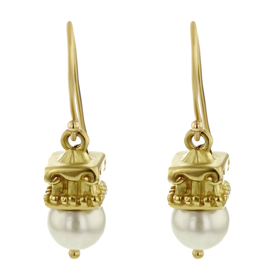 18K Yellow Gold 6mm Pearl Dangle Earrings