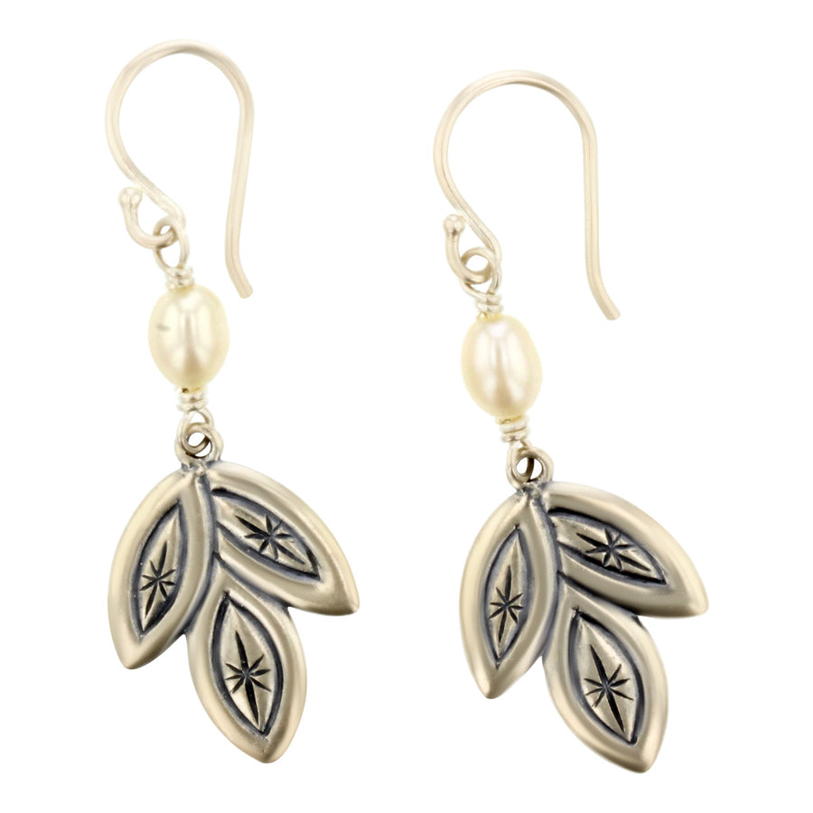 Sterling Silver Pearl and Leaf Dangle Earrings