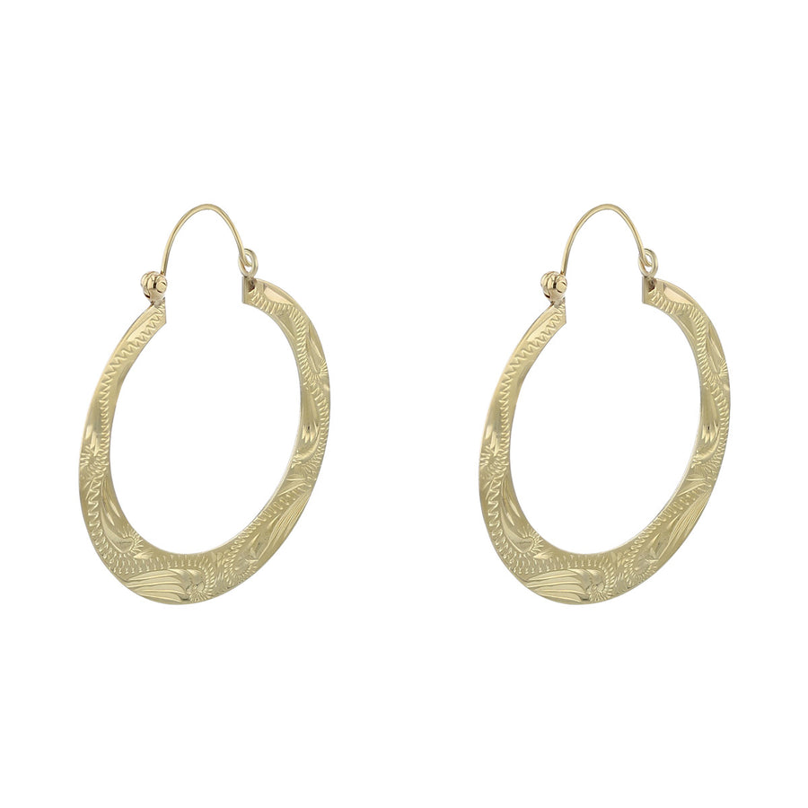 14K Yellow Gold Flat Embossed Hoop Earrings