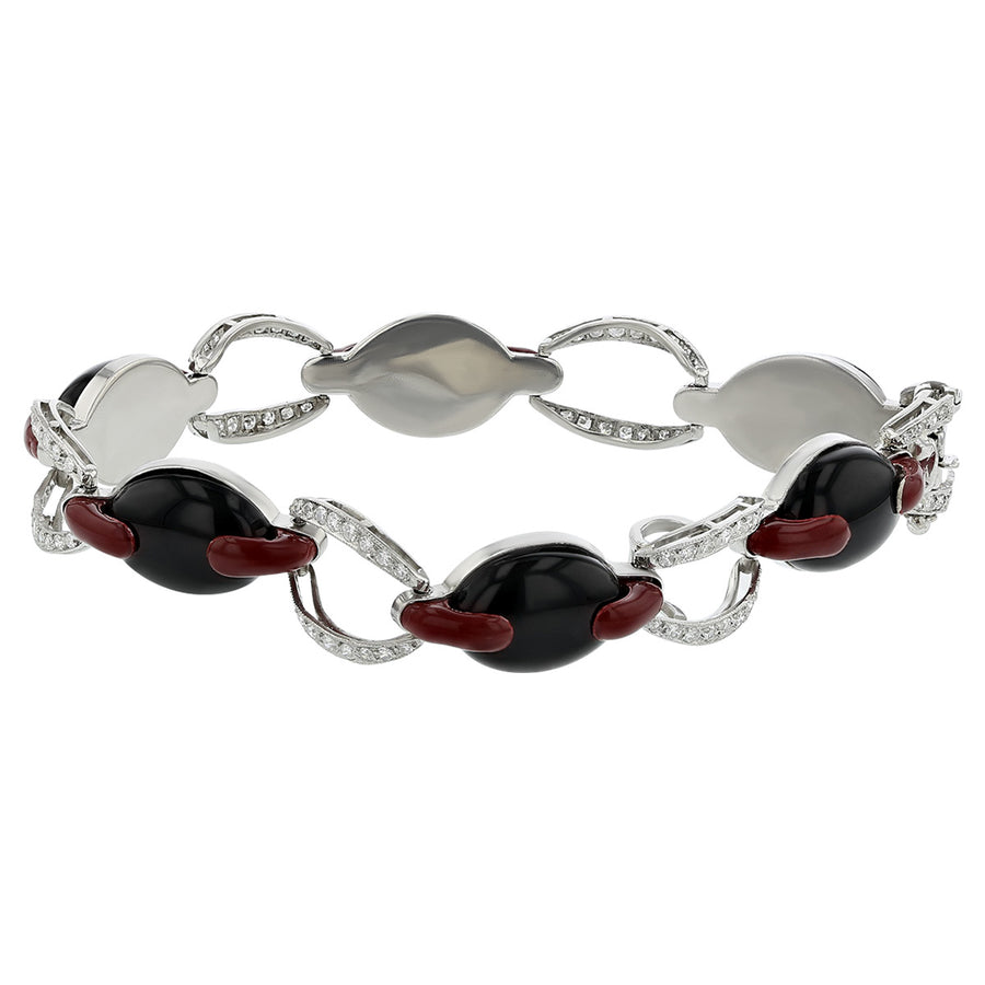 Black Onyx, Red Enamel and Diamond Link Bracelet