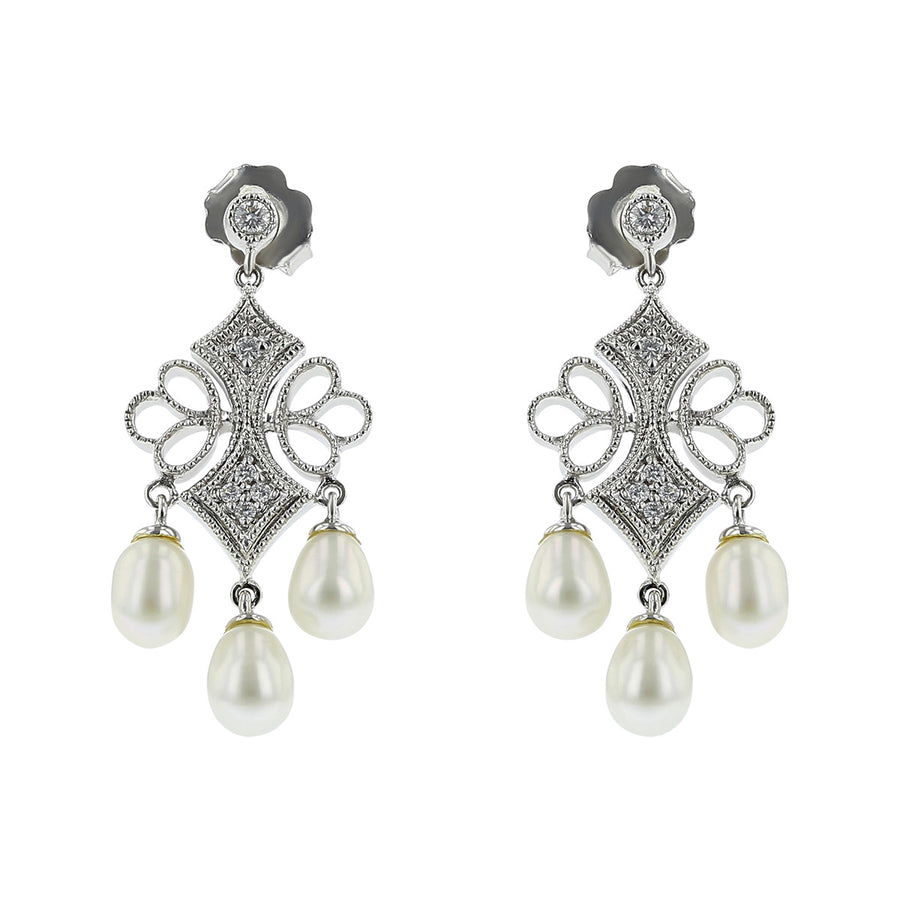 14K Freshwater Pearl and Diamond Dangle Earrings