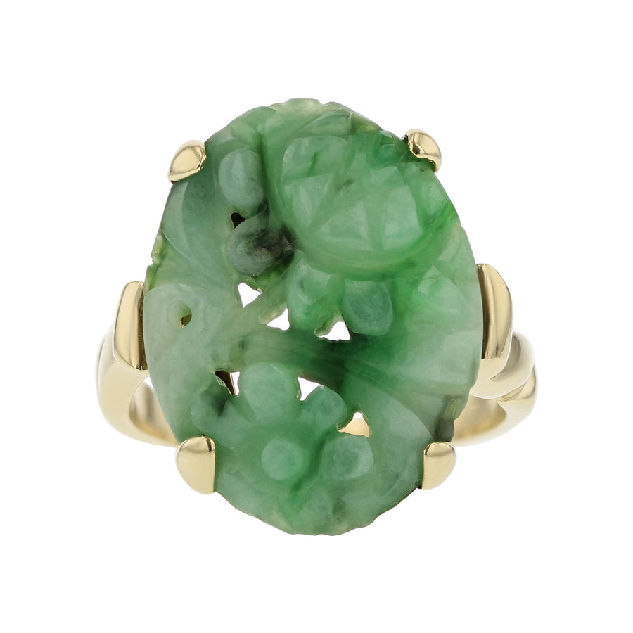 14K Yellow Gold Carved Oval Green Jade Ring