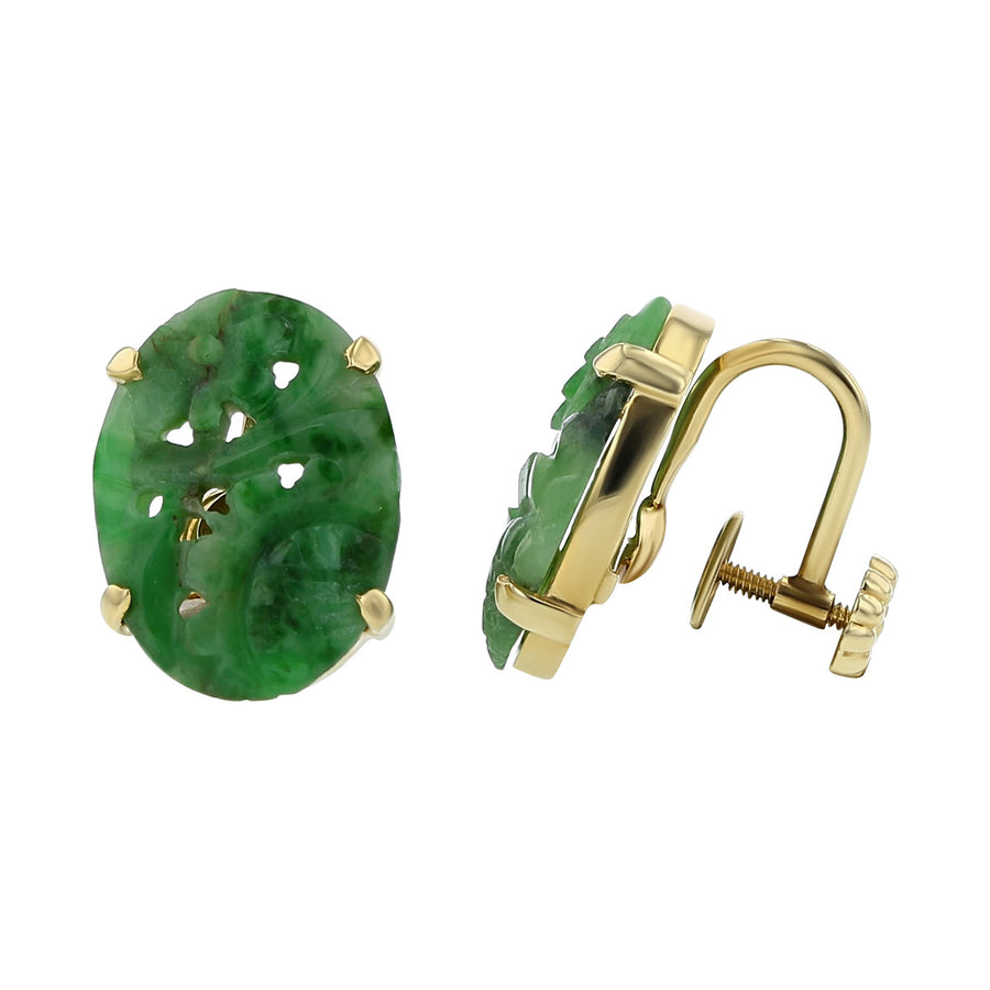14K Yellow Gold Carved Jade Earrings with Screwbacks