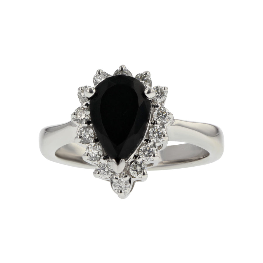 14K Gold Pear-Shaped Onyx and Diamond Halo Ring