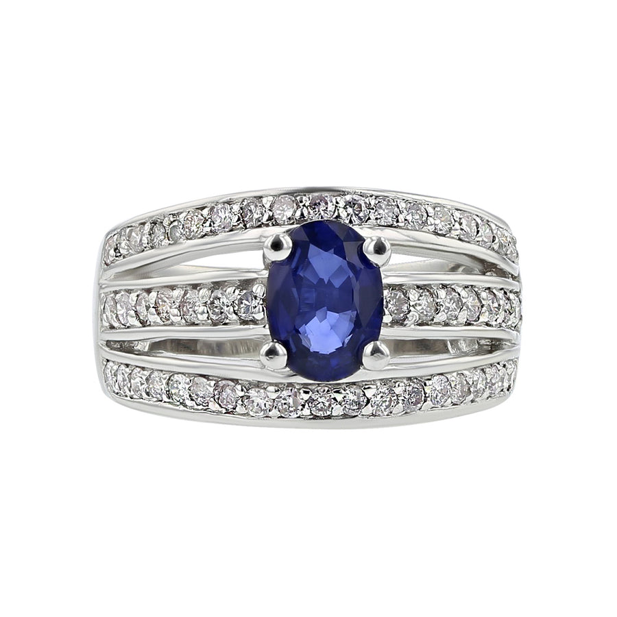 14K Gold Oval Sapphire and Diamond 3-Row Ring