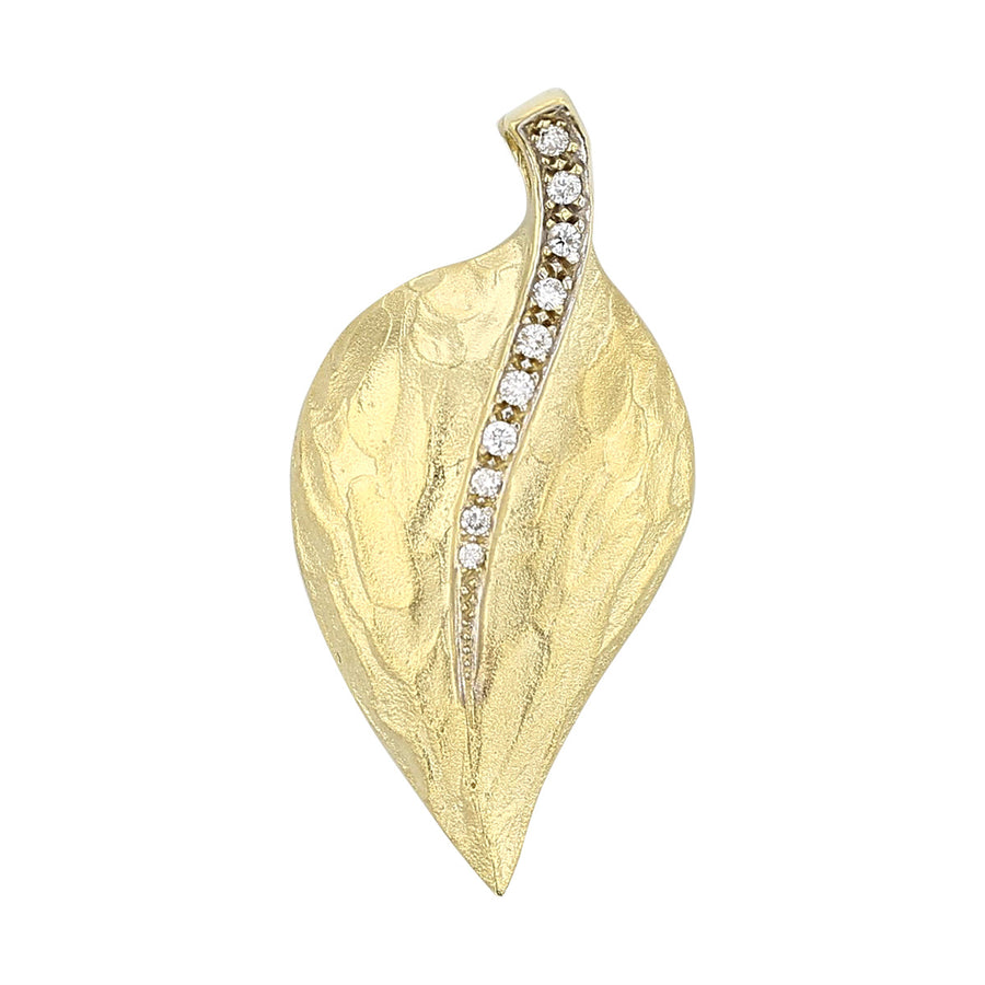 14K Gold Textured Leaf Pendant with Diamonds
