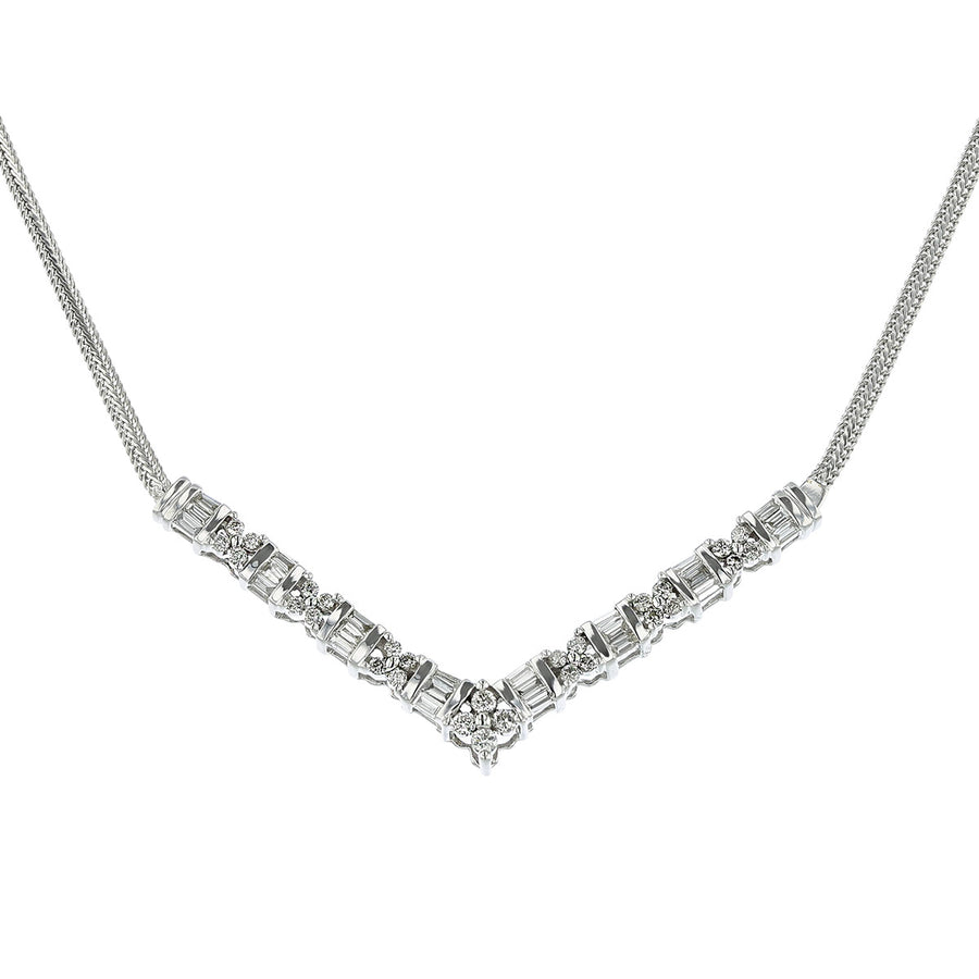 14K White Gold V-Shape Front Diamond Necklace