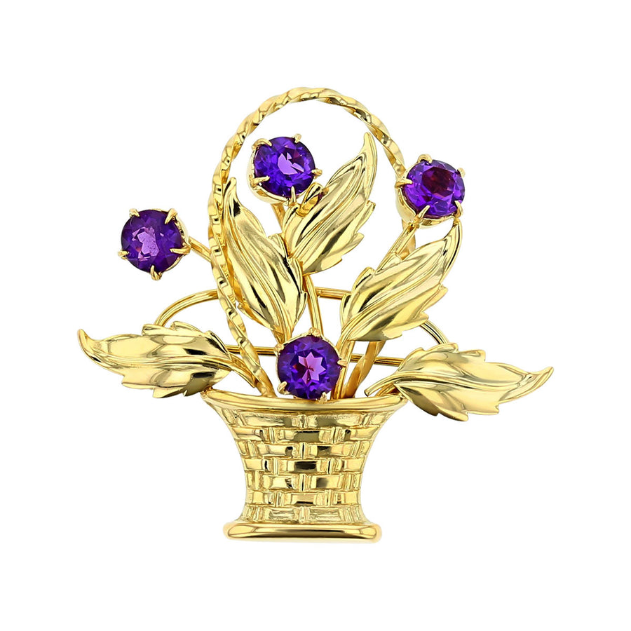14K Gold Flower Basket Pin with Amethysts