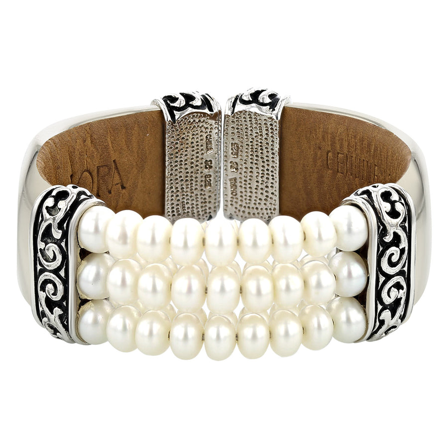 Honora Sterling Silver, Pearl and White Leather Cuff