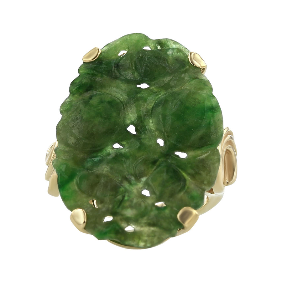 14K Yellow Gold Oval Pierced Green Jade Ring