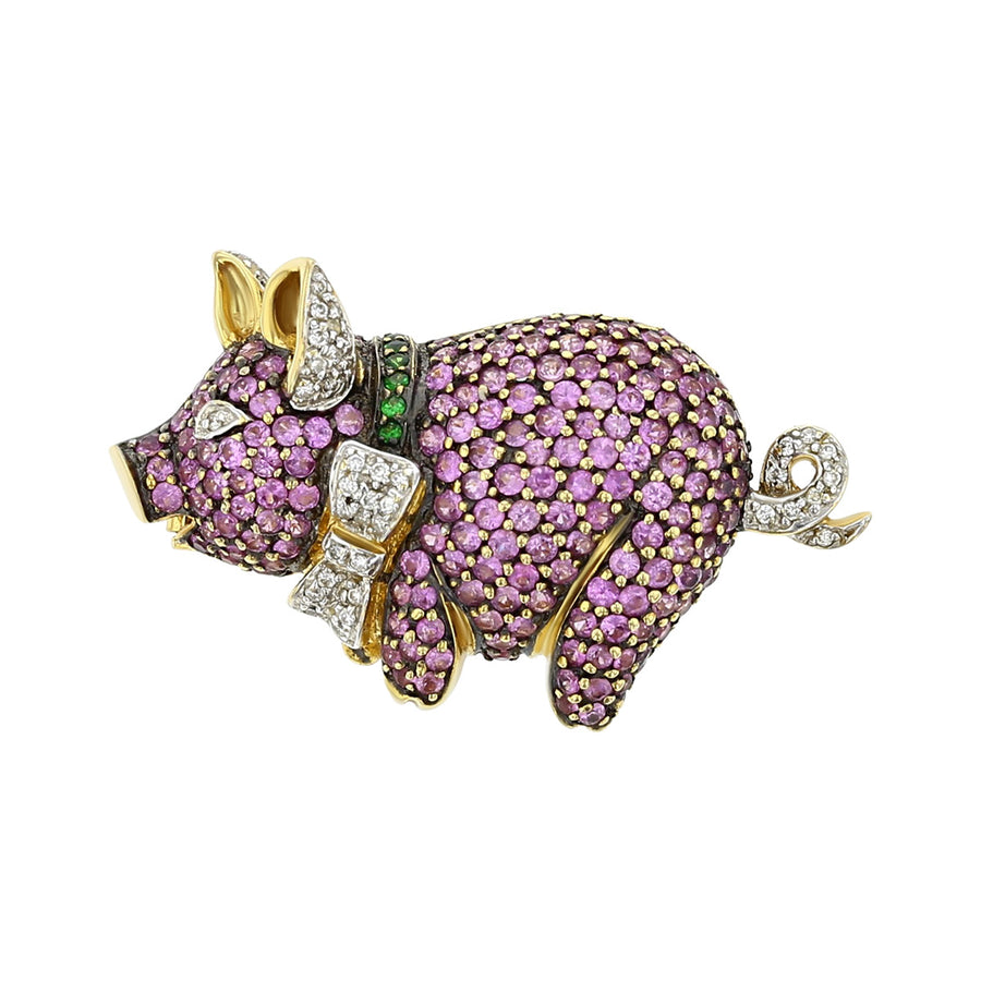 Pig Pin with Pink Sapphire, Green Tsavorite and Diamonds