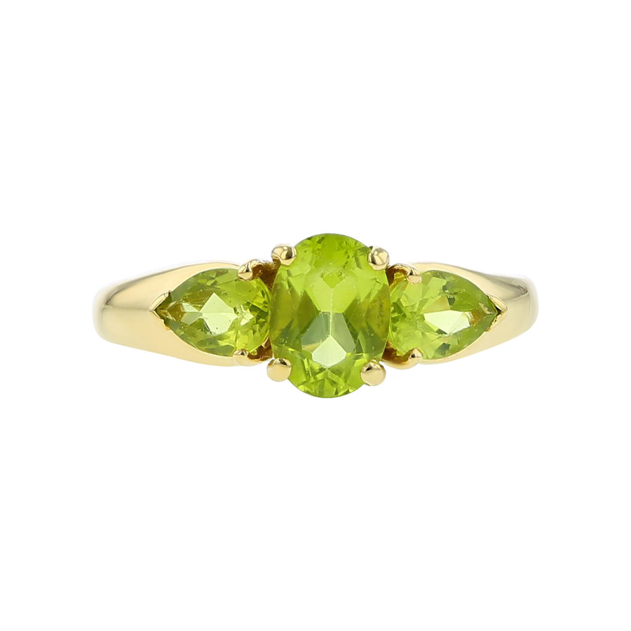14K Yellow Gold 3-Stone Oval Green Peridot Ring