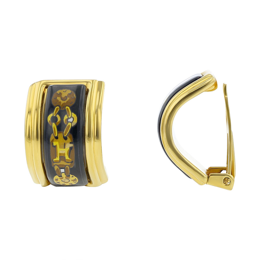 Hermes Printed Enamel Gold Plated Clip Earrings