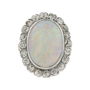 Mid-Century Cabochon Opal and Diamond Halo Ring