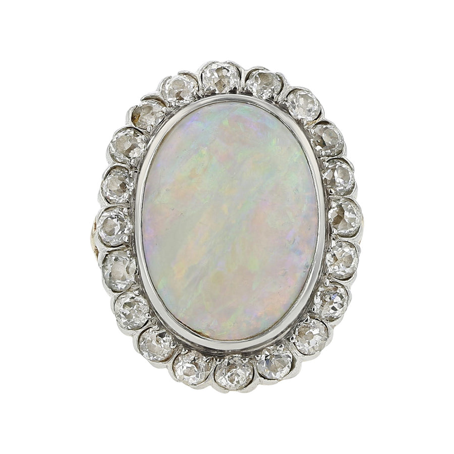 Mid-Century Cabochon Opal and Diamond Halo Ring