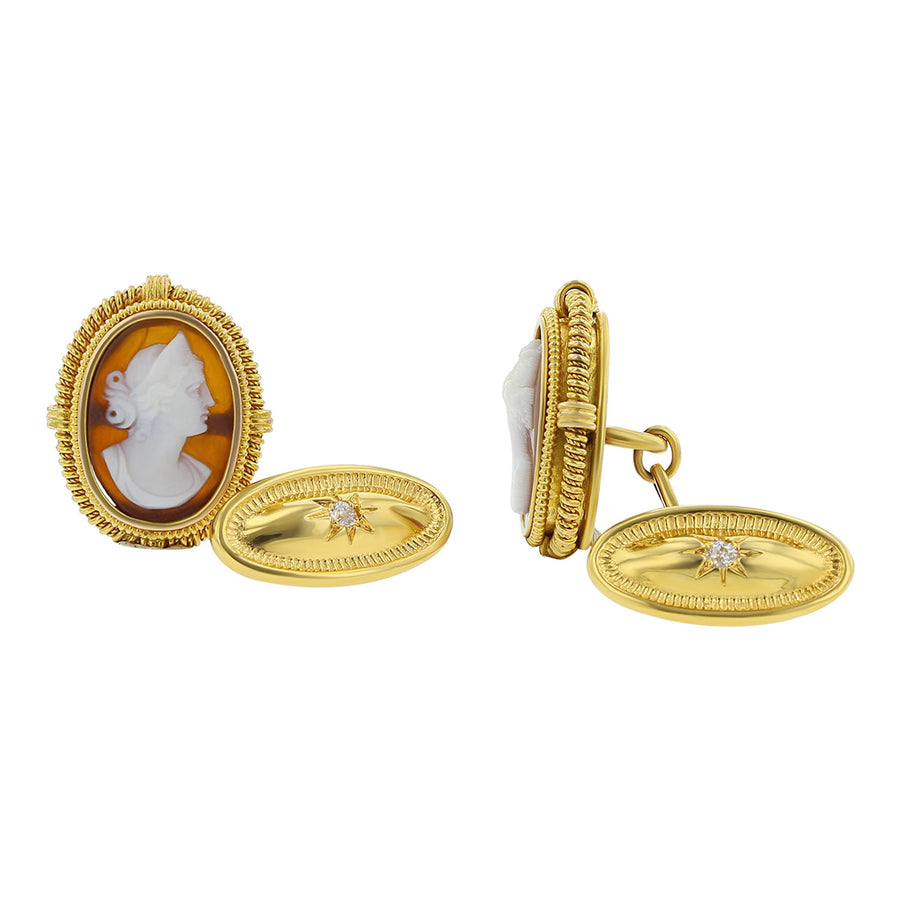 14K Gold Shell Cameo Cuff Links with Diamonds