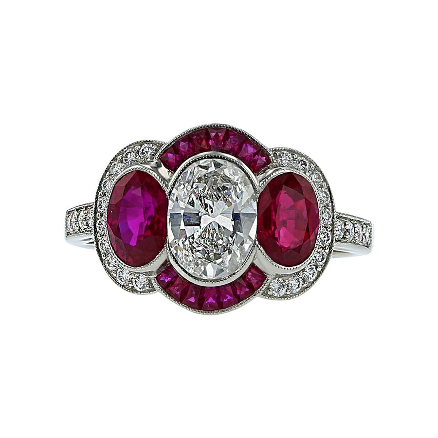 Platinum Diamond and Ruby Three-Stone Halo Ring