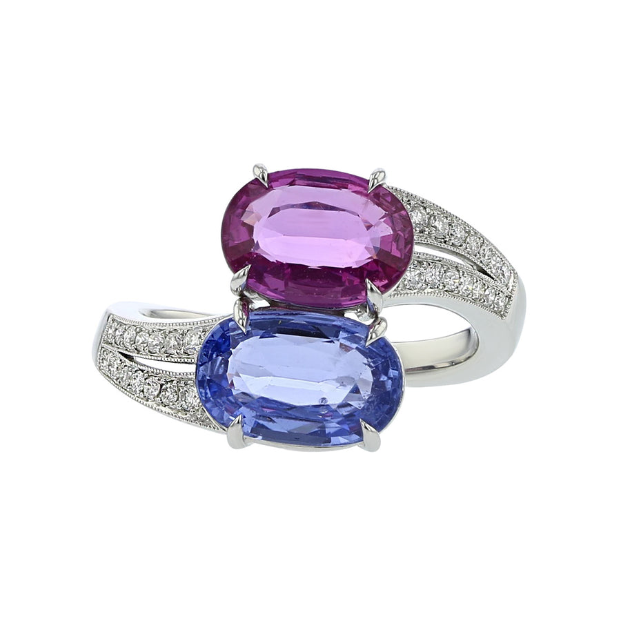 Platinum Blue and Pink Sapphire Diamond Bypass Ring