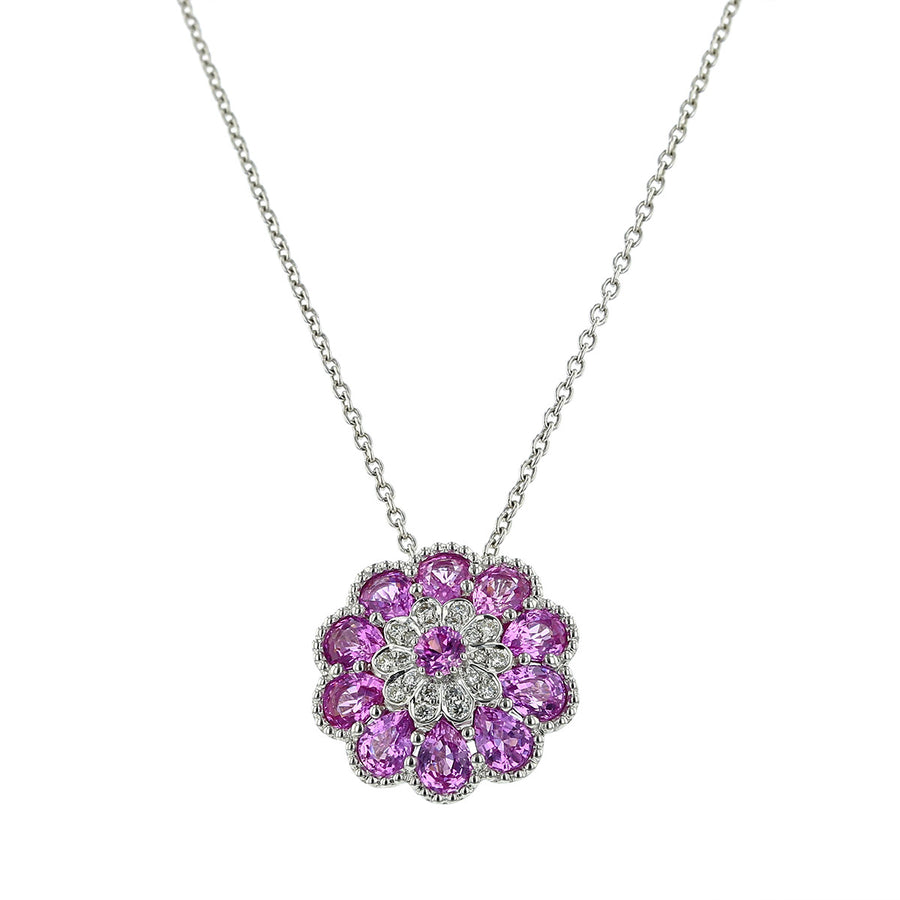 Salavetti Pink Sapphire and Diamond Flower Pendant Necklace