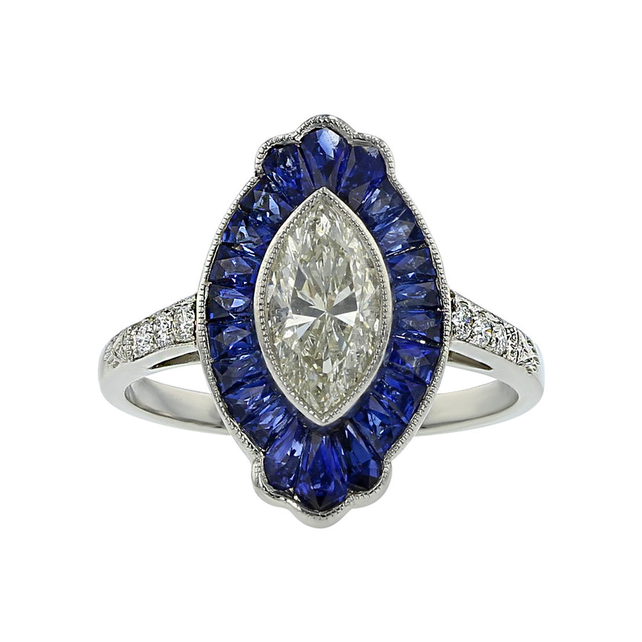 Platinum Marquise Diamond and Sapphire Ring