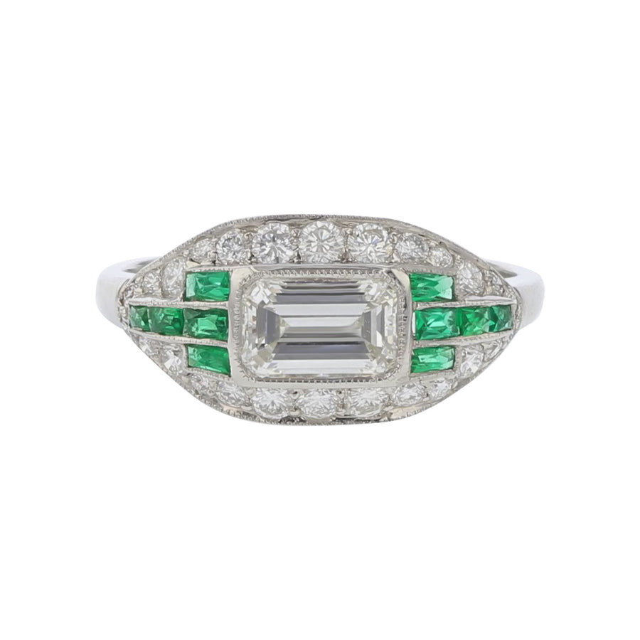 Platinum Emerald-Cut Diamond and Emerald Ring