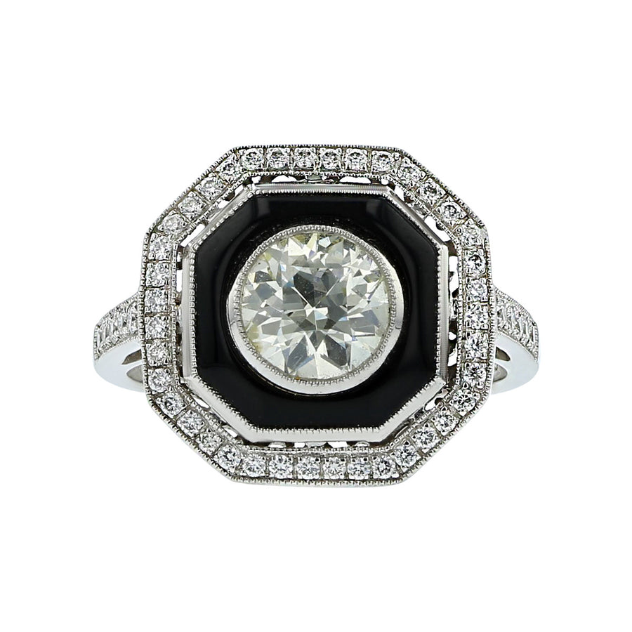Platinum European-Cut Diamond and Onyx Ring