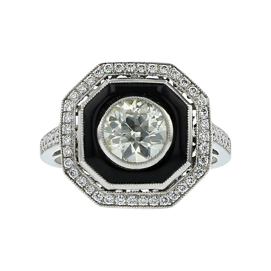Platinum European-Cut Diamond and Onyx Ring Schiffman's Jewelers