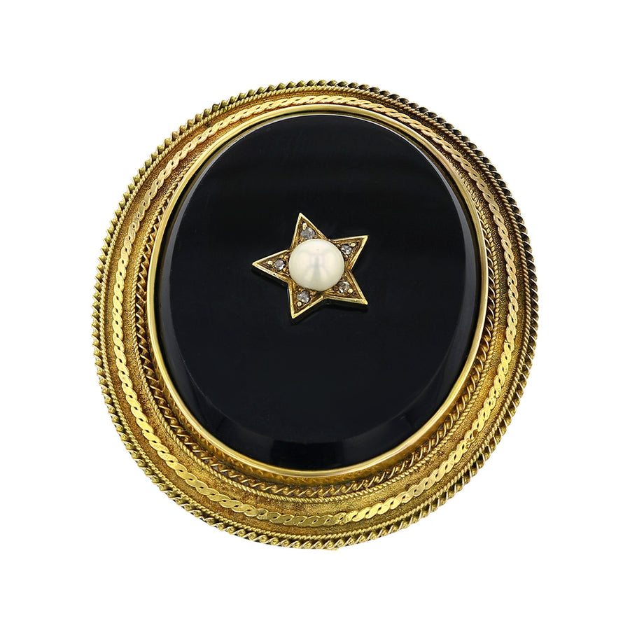 Mid-Century Onyx Brooch with Pearl and Diamonds