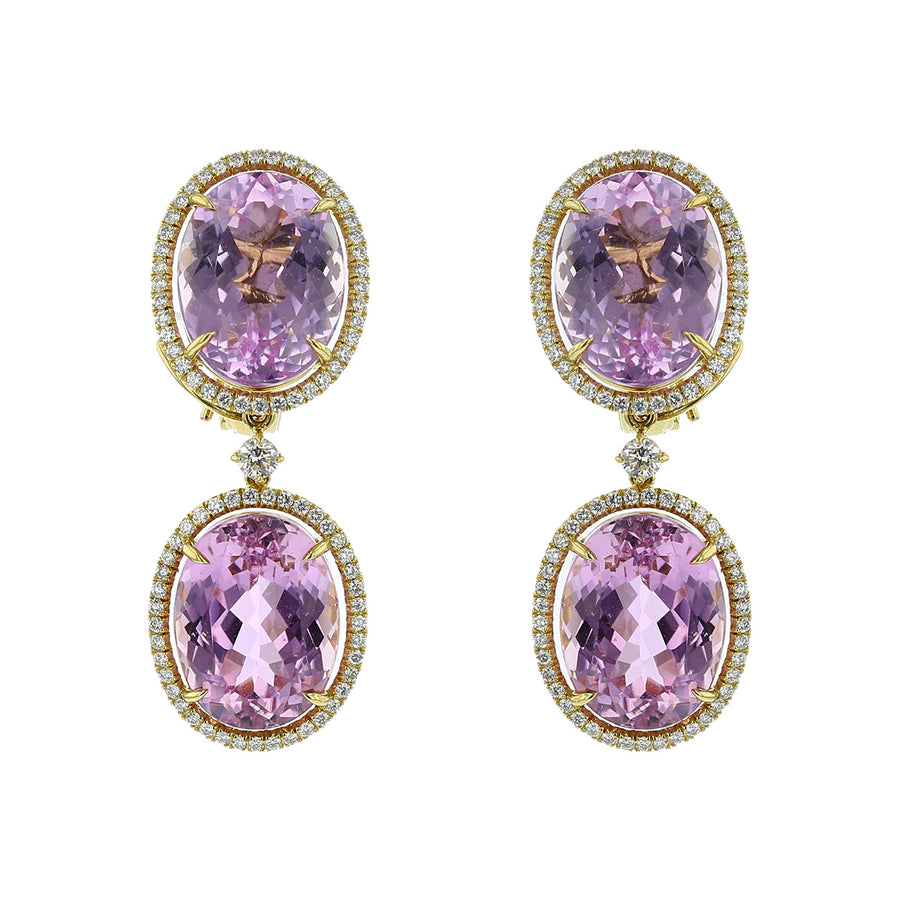 Oval Kunzite and Diamond Halo Drop Earrings