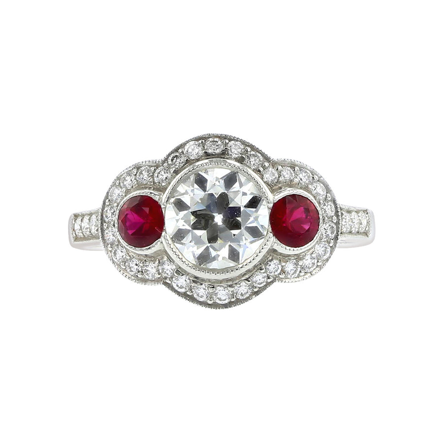 Platinum Round Diamond and Ruby 3-Stone Ring