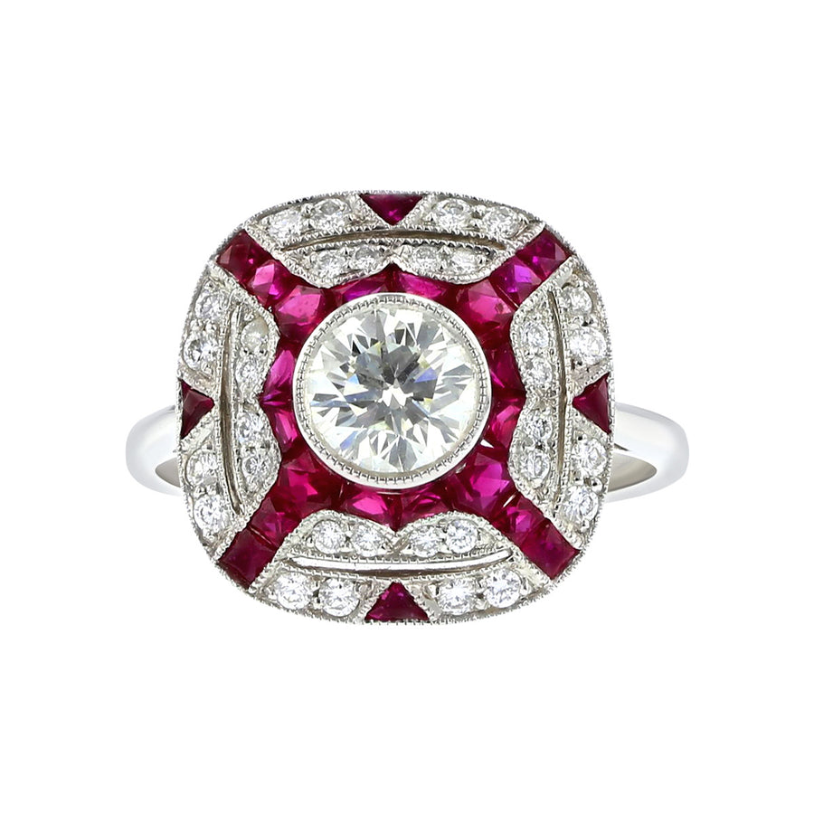 Platinum Diamond and Ruby Halo Ring