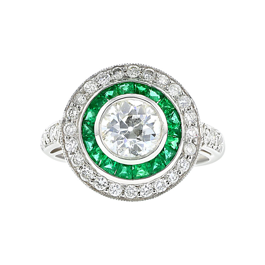 Platinum European-Cut Diamond and Emerald Ring