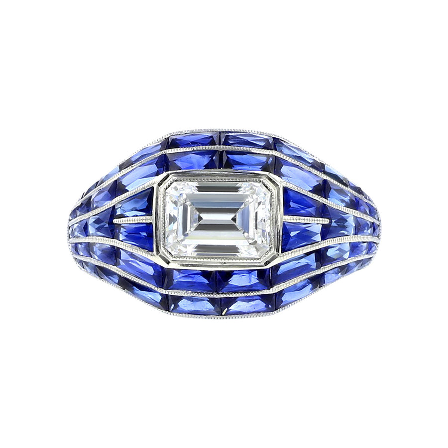 Platinum Emerald-Cut Diamond and Sapphire Ring